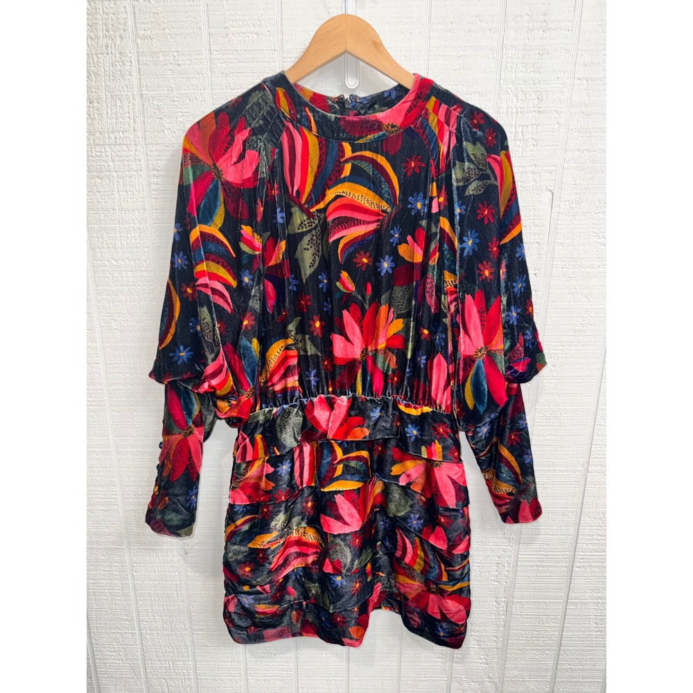 Farm Rio Velvet Floral Mini Dress Women Multicolor Ruched Batwing Sleeve Size M